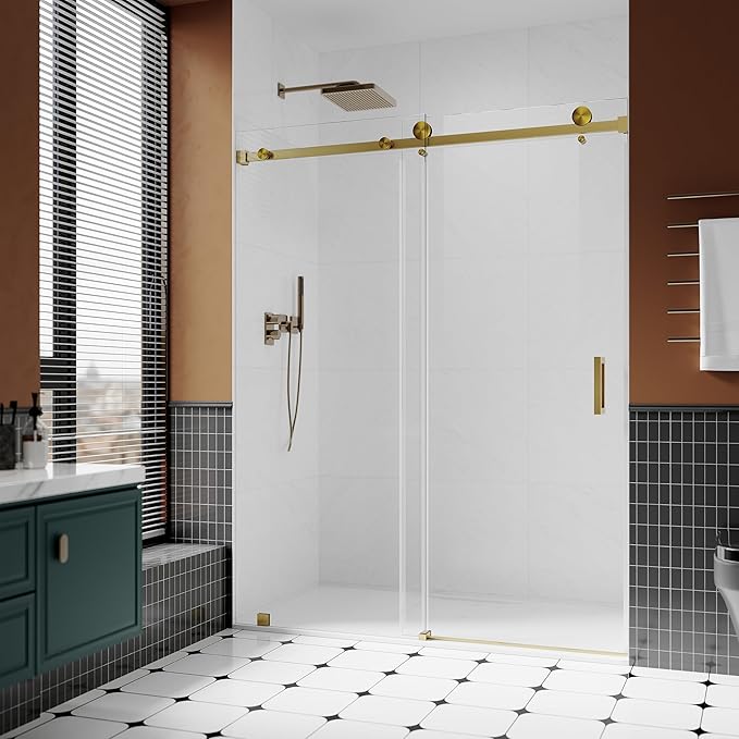 3/8" (10mm) Sliding Glass Shower Door, 56-60" W x 76" H Frameless Bathroom Door with Easy-Cleaning Coating,Satin Brass