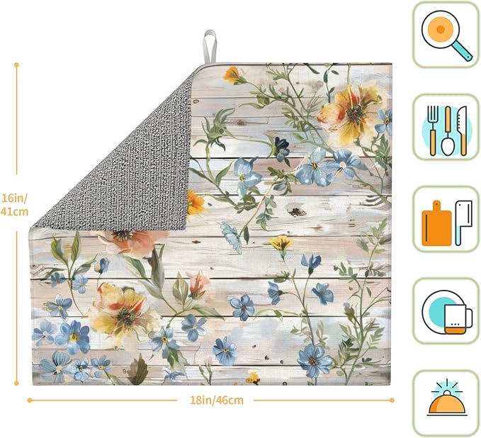 Flowers on Wooden Board Dish Drying Mat 16x18 Inch, Microfiber Absorbent Fast Dry Mat Floral Large Dish Mat Drying Kitchen Mat, Kitchen Drying Pad for Kitchen Counter Coffee Bar Decor Gifts