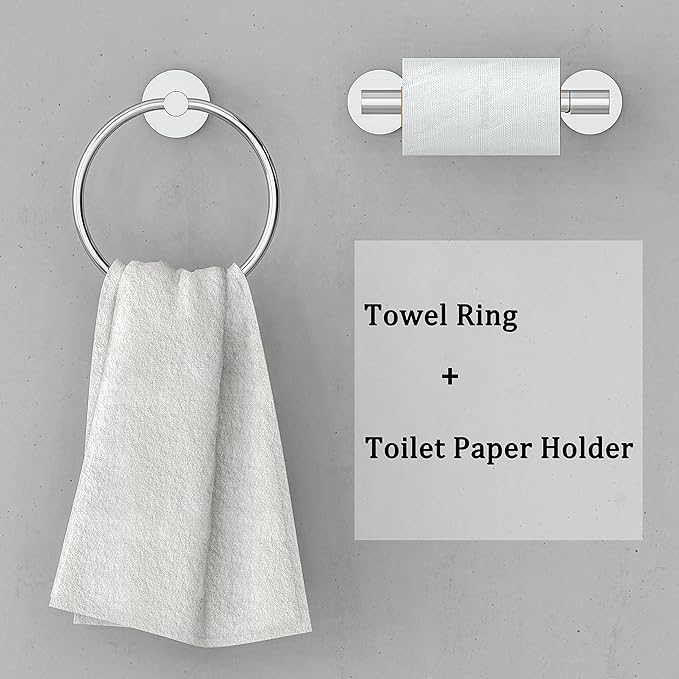Polished Finish Toilet Paper Holder & Towel Ring SUS304 Stainless Steel 2pc Bathroom Hardware Set with Double Post Pivoting Toilet Paper Roll Holder Wall Mount & Bathroom Towel Holder Set