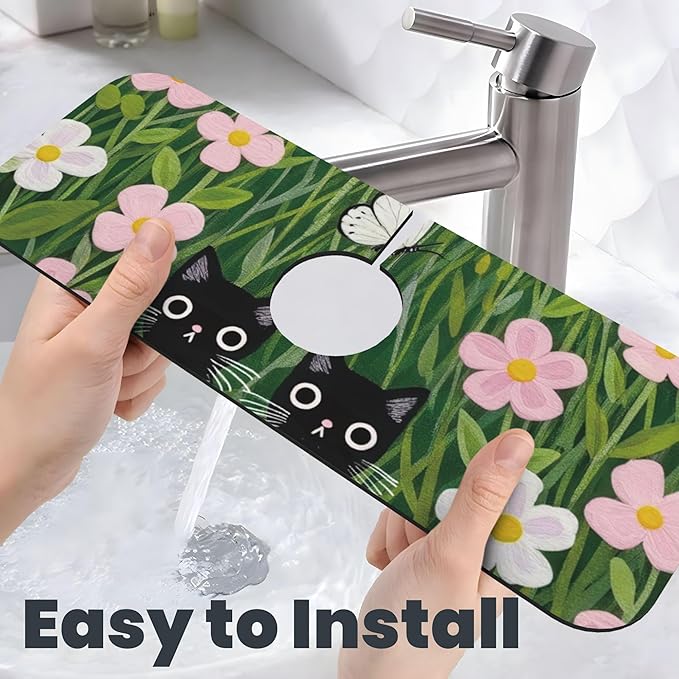 Pink Floral Cat Dish Drying Mat for Kitchen Counter, 18"x24" Microfiber Absorbent Fast Dry Mat, 2Pcs Dish Mat Faucet Mats Sets, Large Drying Kitchen Mat Kitchen Drying Pad Coffee Bar Decor Gifts