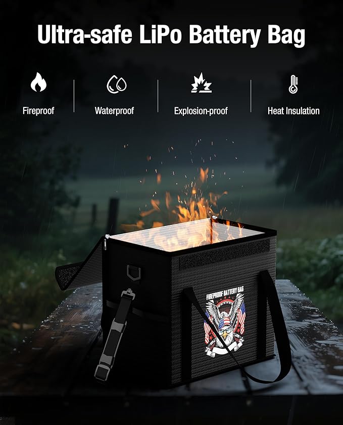 12V 50Ah LiFePO4 Lithium Battery Fireproof Safe Bag with Shoulder Strap, Large Capacity Explosion-Proof Container LiPO Guard Protective Case Waterproof Storage Box(9.4x6x8.5 Inches)
