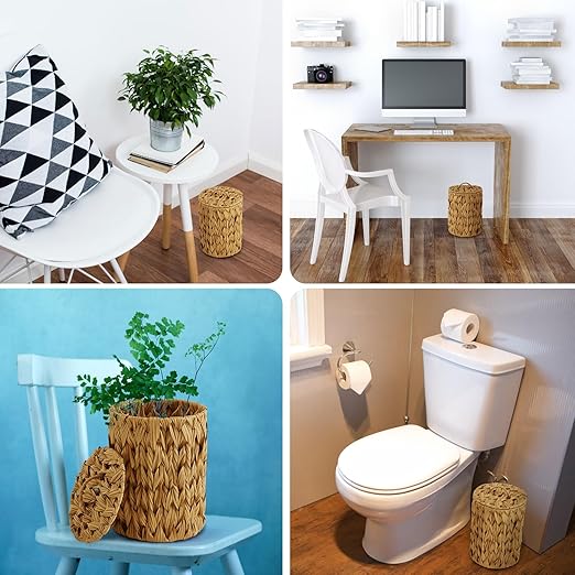 Ctosree 1.3 Gallons Small Trash Can with Lid Handle Boho Woven Braided Bathroom Waste Basket Trash Can with 100 Garbage Bags for Bedroom Office Laundry(Caramel Color,Braided Polypropylene,Round)