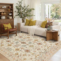 Floral Rug for Living Room Bedroom, 5x7 Washable Rug, Vintage Boho Area Rug, Large Non Slip & Low Pile Wool Carpet for Indoor Dining Room, Girls Room, Nursery Room and Kids Room(Apricot 5x7ft)