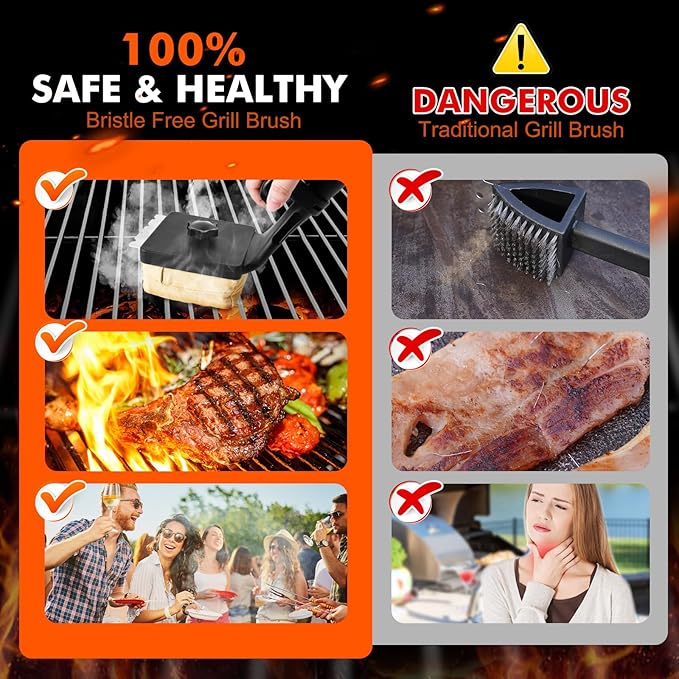 Grill Brush for Outdoor Grill Bristle Free, Reinforced Grill Cleaner Scraper BBQ Brush Non Metal Bristles Steam Cleaning Grill Cleaning Brush Safe BBQ Accessories Grill Tool, Gifts for Men