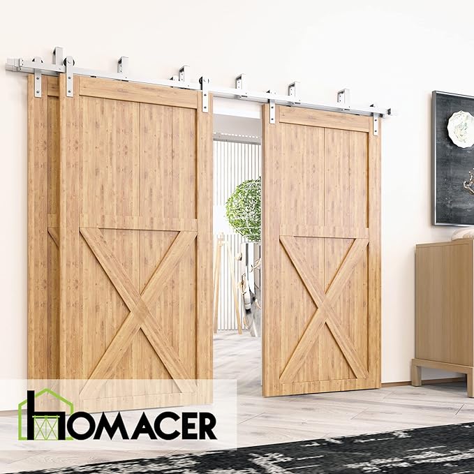 Homacer Brushed Nickel Double Track U-Shape Bypass Sliding Barn Door Hardware Kit, for Three Doors, 18ft Long Flat Track, Straight Design Roller