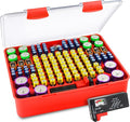 140 Slot Multi Battery Storage Box, Battery Storage Case, Battery Holder with Tester, Stores: 56 AA and 52 AAA Batteries, 8 C Batteries, 6 D Batteries, 6 9V Batteries, and 12 Button Batteries (Red)