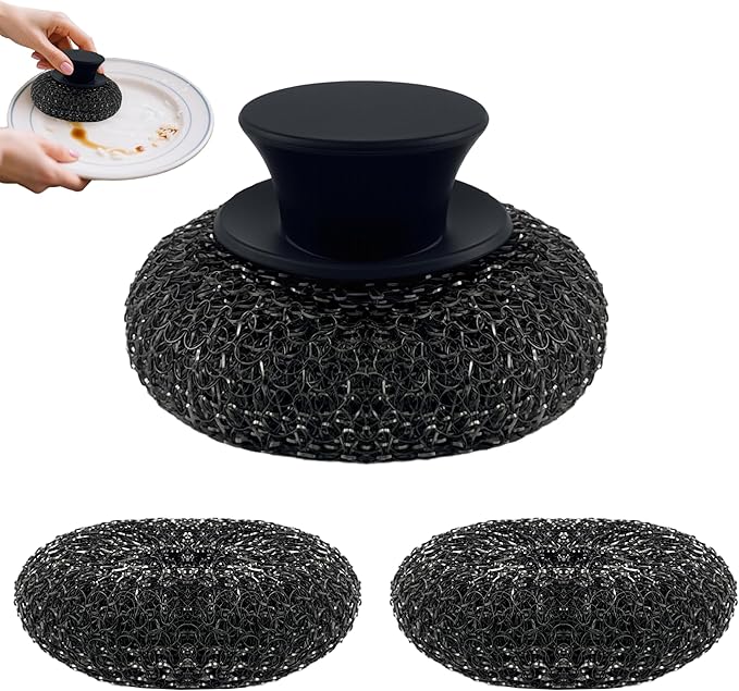 Stainless Steel Wool Scrubber with Rubber Handle & 2 Pads for Cleaning Dishes, Kitchen Pots, Pans, Grills (Black)