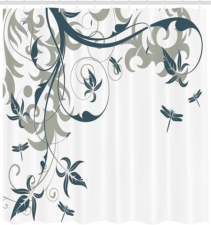 Ambesonne Dragonfly Shower Curtain, Swirled Floral Background Damask Curl Branches and Leaves Print, Cloth Fabric Bathroom Decor Set with Hooks, 69" W x 75" L, Dark Emerald