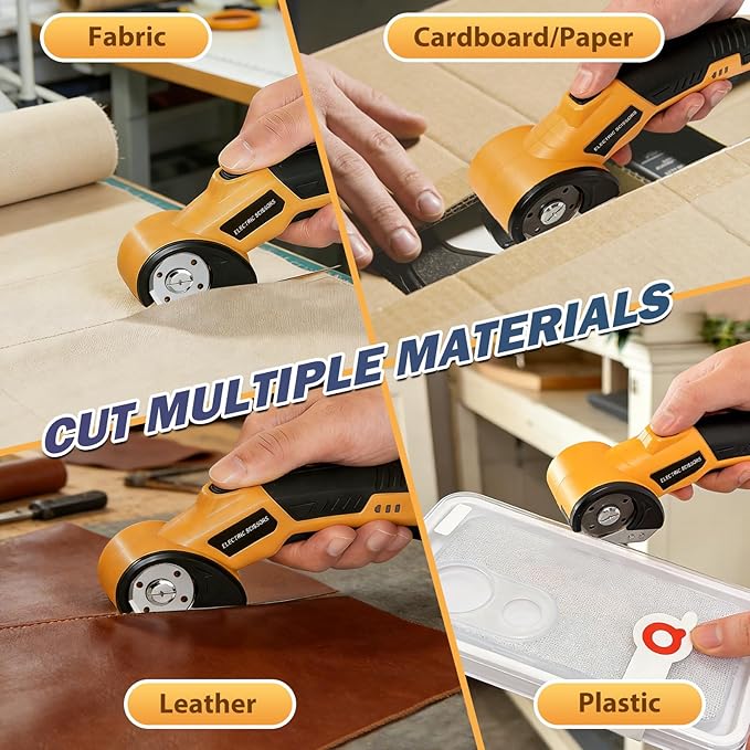 Electric Scissors, Cardboard Box Cutter with Safety Lock & LED Light, 2000mAh Battery, Tungsten Steel Blade, Storage Bag and Box, Suitable for Fabric Carpet Carton Plastic Leather Cloth