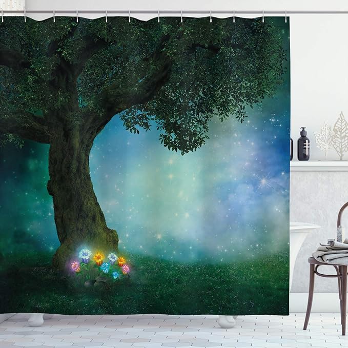 Ambesonne Forest Shower Curtain, Little Red Riding Hood Woodland at Night Flowers and Stars Image Print, Cloth Fabric Bathroom Decor Set with Hooks, 69" W x 75" L, Multicolor Forest Green