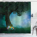 Ambesonne Forest Shower Curtain, Little Red Riding Hood Woodland at Night Flowers and Stars Image Print, Cloth Fabric Bathroom Decor Set with Hooks, 69" W x 84" L, Multicolor Forest Green