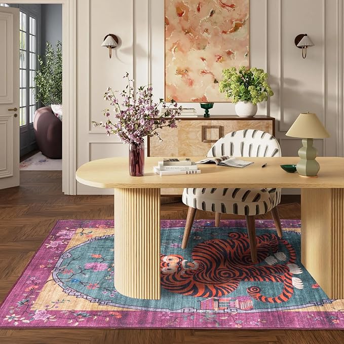 5X7 ft Tiger Rug Washable Oriental Traditional Animal Print Purple-Green Floral Tibetan Rugs for Bedroom Kitchen Living Room Indoor Entryway Carpet Thin Rug