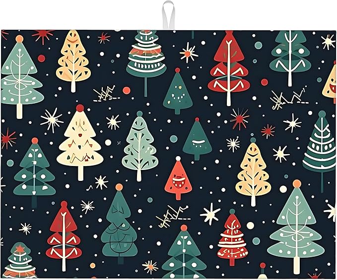 Cute Christmas trees Dish Drying Mat 18x24 inches Microfiber Absorbent Fast Dry Mat for Kitchen Counter Coffee Bar Christmas Large Drying Mat Kitchen Decor Gifts (Christmas Trees, 18x24 inches)