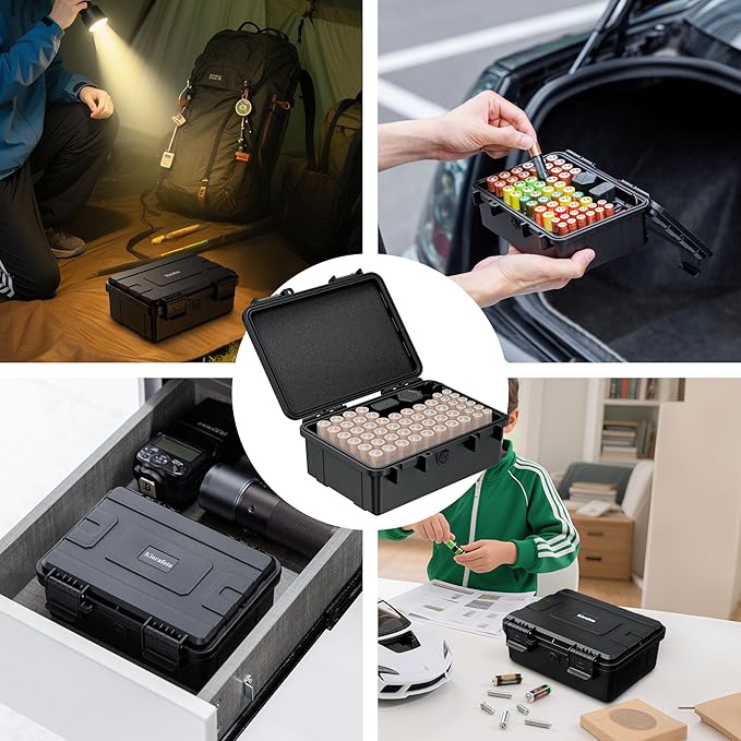 Hard Shell Battery Organizer Holder with Small Battery Tester, IP68 Waterproof Multi 82 Slots Batteries Vault Case for 40 AA & 12 AAA & 12 CR2032 CR2025 & 18 LR44 Button Cell/2 D Size Batteries Case