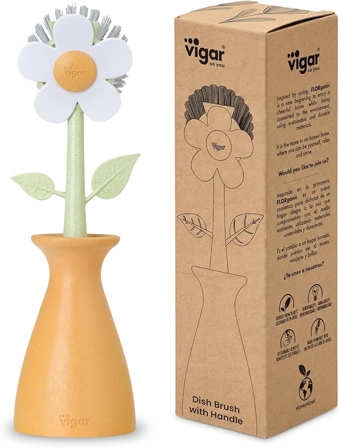Vigar Florganic Daisy-Shaped Dish Brush with Vase Dish Brush Holder, Dish Brush with Handle, for Pot Scrubber, Kitchen Dishes, and Sink Cleaning, Orange