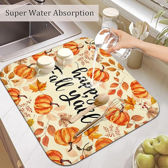 Fall Dish Drying Mat for Kitchen Counter,Autumn Pumpkin Maple Leaf Pattern Microfiber Drying Mat,Washable Absorbent Countertop Harvest Thanksgiving Dish Mat Drain Mat,16x18 Inch