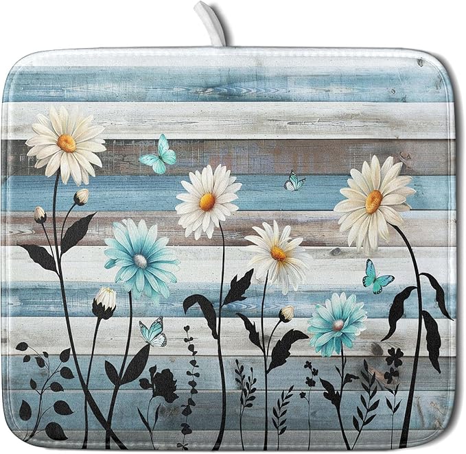 Blue White Daisy Floral Dish Drying Mat for Kitchen Counter,Sprinng Rustic Wood Drying Mat 16 x18 Inch with Absorbent Reversible Microfiber Drying Pad for Coffee Bar