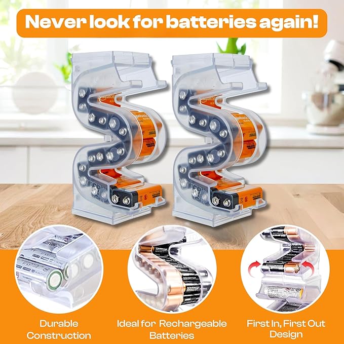 Battery Ladder™ for 9V Batteries | Vertical Storage Case & Dispenser | Stackable Expandable Wall Mount Holder Combo (2-Pack, Holds 20 9V Total)