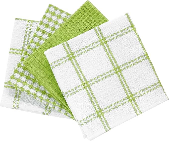 T-Fal Premium Waffle Dish Cloths: Highly Absorbent, Super Soft Long Lasting - 100% Cotton, 12"x13" Flat Waffle Dish Towel for Cleaning & Drying Dishes, (4-Pack), Green