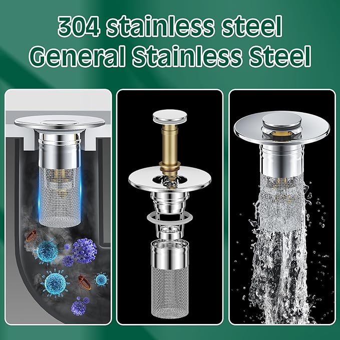 3 in 1 Sink Drain Strainer with Hair Catcher,4PCS Stainless Steel Popup Sink Stopper with Basket for Bathroom Kitchen Shower,Pop-up Bounce Core Floor Basin Drain Filter,Replacement Sink Plug