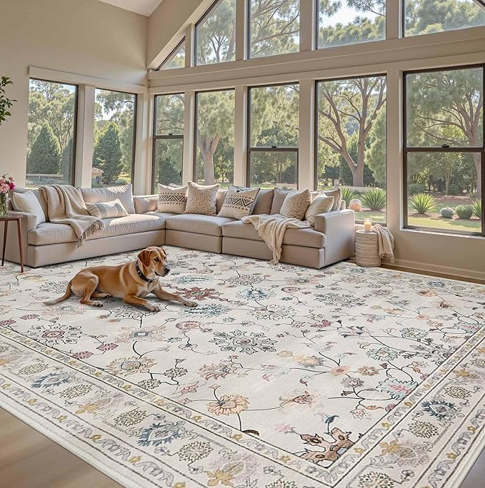 9x12 Rugs for Living Room & Bedroom,Floral Washable Rug,Boho Area Rug, Large Non Slip Low Pile Wool Carpet for Indoor Dining Room,Girls Room,Nursery Room and Kids Room(Grey 9x12ft)