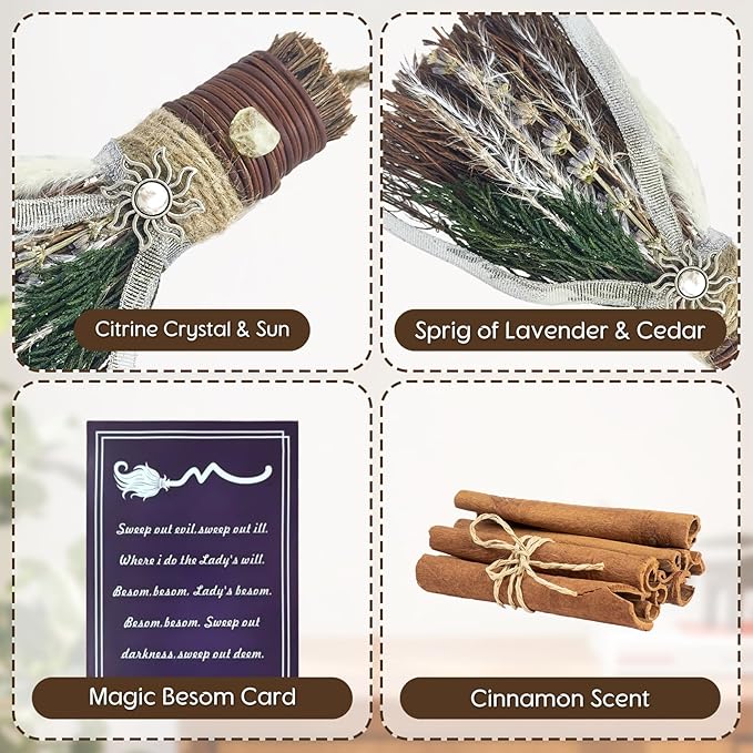 Witch Broom for Altar 7.5 Inch Mini Cinnamon Broom Handmade Winter Yule Cinnamon Broomstick Scented Natural Herbal Protection Wiccan Decor for Altar Witchcraft Gift Christmas Home Decorations