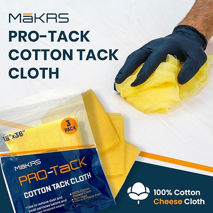 MāKRS 18" x 36" Pro-Tack Tack Cloth, 3-Pack Wood Prep Cloths, Remove and Trap Dust Particles, 100% Cotton, Staining, Varnishing, and Painting, Gentle on Surfaces