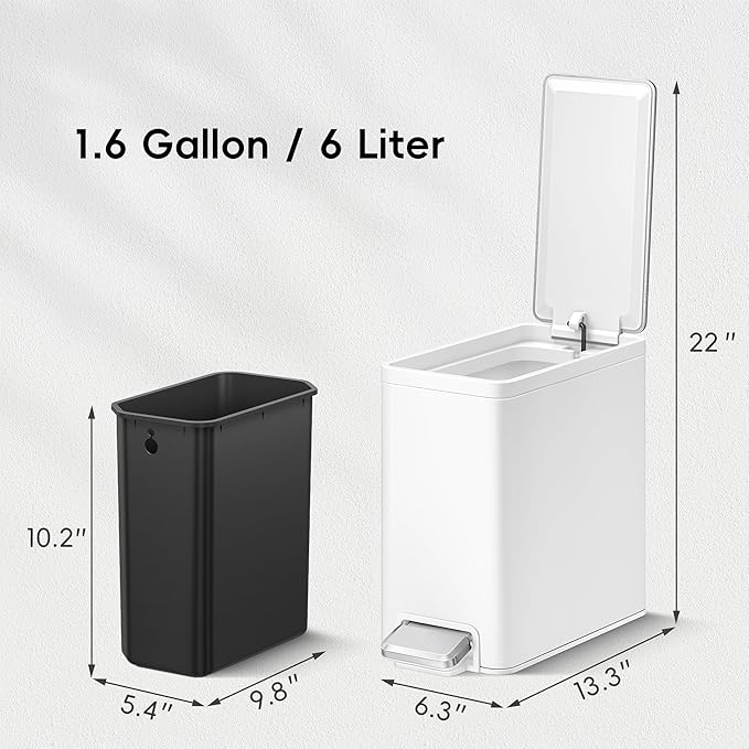 EKO Slim Small Bathroom Trash Can with Lid, Stainless Steel Small Garbage Can with Removable Inner Bucket, 6L / 1.6 Gal, Step On Trash Bin (White)