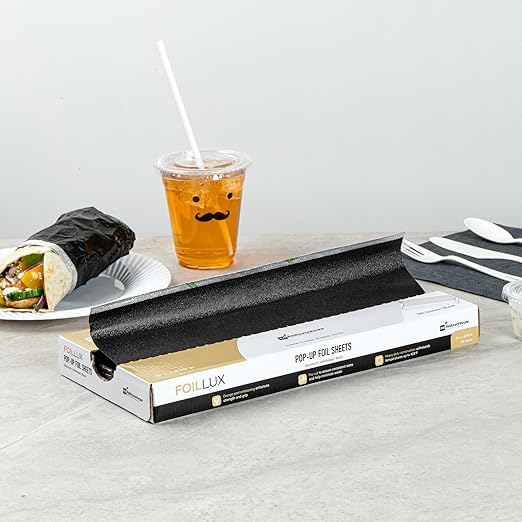 Restaurantware-Foil Lux 12 x 10.8 Inch Pop-Up Foil Sheets, 100 Disposable Foils Papers For Food - Orange Peel Embossing, Interfolded, Black Aluminum Foils Sheets, Greaseproof, Freezable, Oven Ready