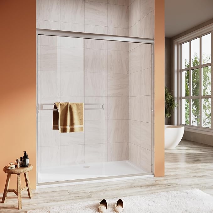Shower Door 56-60 in. W x 72 in. H, UCALAFEE Semi-Frameless Double Sliding Shower Door with 1/4" (6mm) SGCC Clear Tempered Glass, Silent Soft-Close & Anti-Leak Walk-in Shower Door, Brushed Nickel