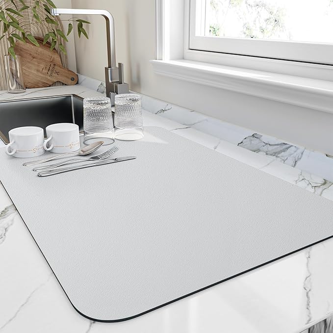 Dish Drying Mat for Kitchen Counter, Heat Resistant Drainer Mats with Non-slip Rubber Backed, Hide Stain Kitchen Super Absorbent Draining Mat, Easy to Clean Dish Rack Pad, Light Grey 16"x20"