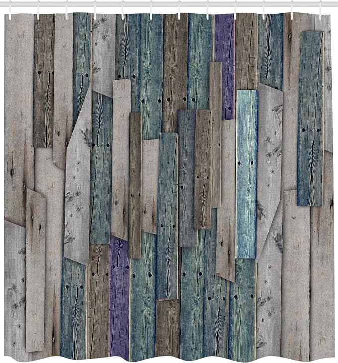 Ambesonne Rustic Shower Curtain, Vintage Wood Barn House Door Nail Country Themed Art, Cloth Fabric for Bathroom Farmhouse Bathroom Decor Essentials Set with Hooks, 69" W x 70" L, Umber Pale Teal Plum