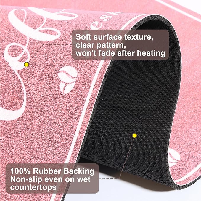 Absorbent Coffee Mat, Fashion Dish Drying Mat for Kitchen Counter Coffee Bar Accessories Espresso Machine Dish Rack 12" x 20" Pink
