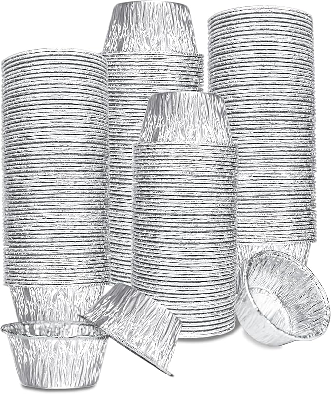 Aluminum Foil Baking Cups 200 Pack, SUPPHOUS 4 Oz Disposable Ramekin Aluminum Cupcake liners, Silver Foil Baking Cups Muffin Liners for Cupcake, Baking, Egg Tart, Pudding, Creme Brulee