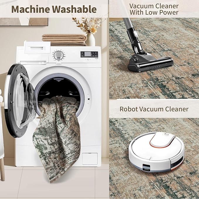 3x5 Washable Entryway Rug, Non Slip Boho Runner Rugs for Hallway, Entrance, Kitchen, Bathroom, Laundry Room, Soft Entryway Carpet, Throw Low Pile Retro Imitation Wool Carpet, Moss