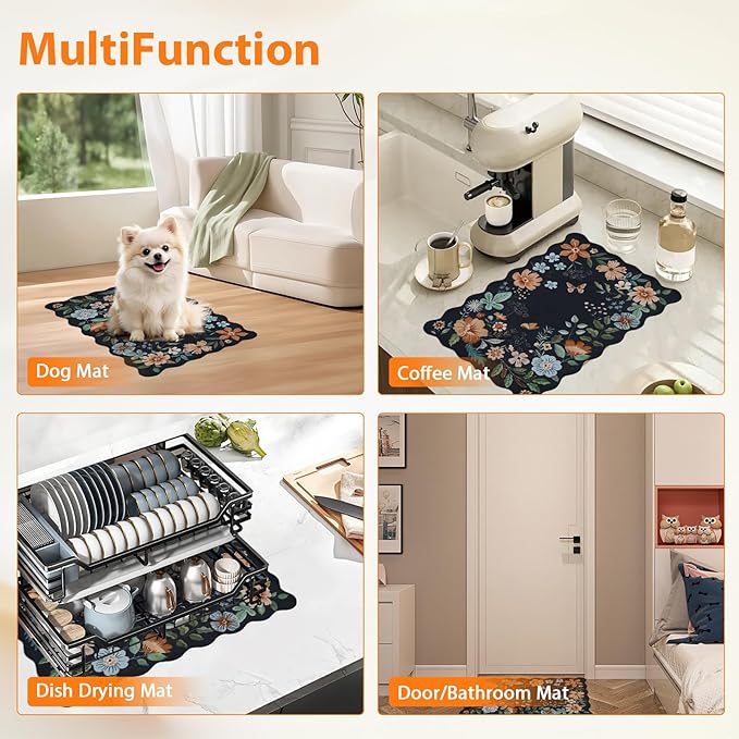 Scalloped Bohemian Coffee Bar Mat Dish Drying Mats for Kitchen Counter, Kitchen Decor,(12"x19", Black)