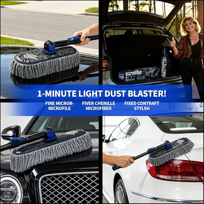 Flash Dog Car Duster Exterior Scratch Free Aluminum Alloy Exterior Handle and Microfiber Hair Waterless Cleaning Brush for Cars, Trucks, SUVs Portable Car Duster