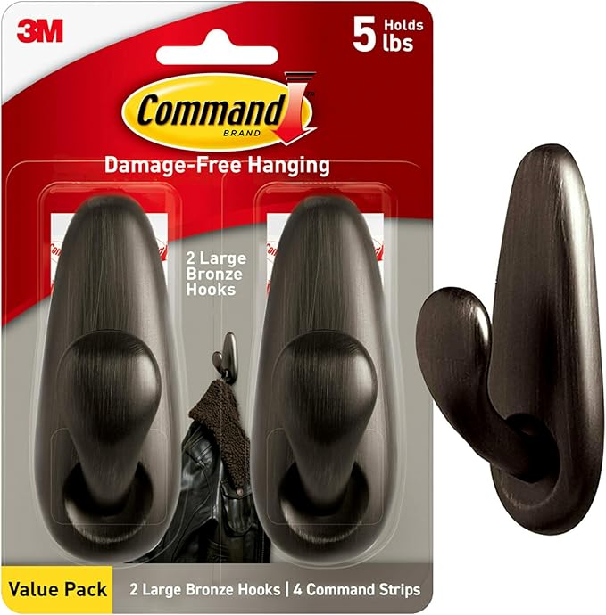 Command 5 lb Large Oil Rubbed Bronze Metal Hooks, 2 Coat Hooks and 4 Strips, Damage-Free Hanging with Adhesive, Forever Classic Great for Hanging Home and Room Decor