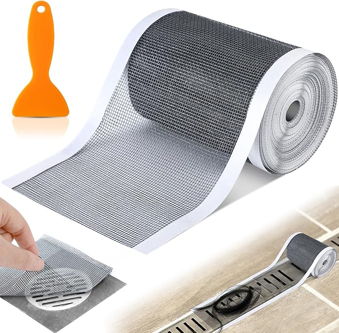 1 Pack 4 Inch x 33 ft Linear Shower Drain Hair Catcher Screen Disposable Adhesive Cutable Mesh Shower Drain Cover Stickers for Linear DIY Floor with Removal Tool for Bathroom Kitchen Bathtub