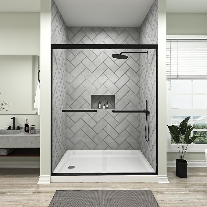 50-54x72 Inch Semi-Frameless Double Sliding Shower Door with Anti-Rust SGCC Steel Frame,1/4 Inch (6mm) Clear Tempered Glass for Walk-in Shower,Black