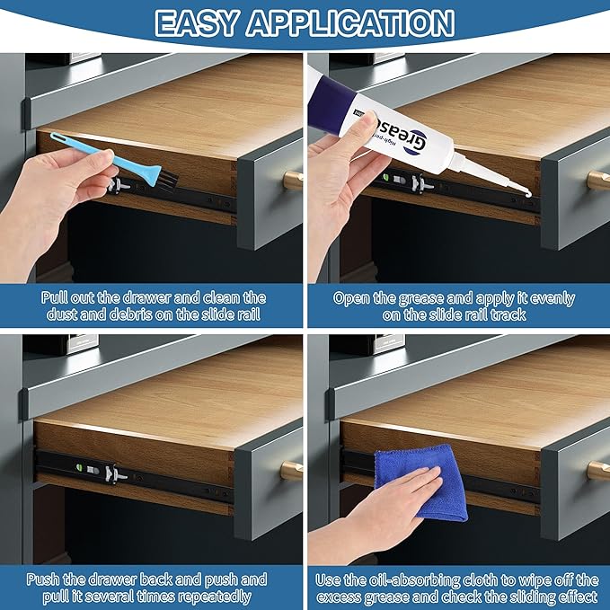 Drawer Slide Grease 3.38oz Multi-Purpose Lubricant for Cabinet Slides, Door Hinges, Bearings, Gears, Garage Doors and Window Tracks, With Cleaning Cloth, Tapered Applicator and Brush