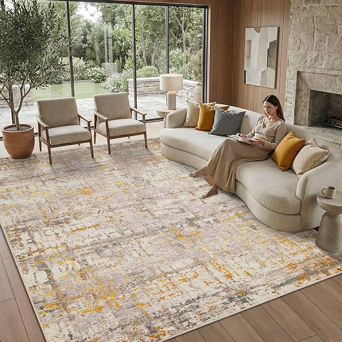 Area Rugs 8x10,Large Soft Rugs for Living Room, Washable, Modern Neutral Abstract Rugs for Bedroom Dining Room, Non-Slip Foldable Thin Indoor Carpet Stain Resistant(Beige Gold)