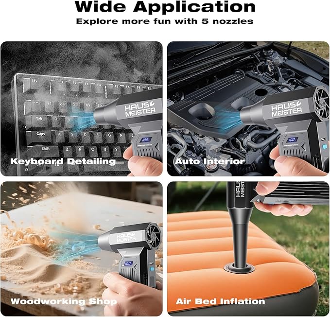 Electric Air Duster Rechargeable, HAUSMEISTER Airflex Turbo 150,000 RPM Compressed Air Blower for Heavy-Duty Car Detailing & PC, 5200mAh Cordless with Smart LED Display, 4-Gear