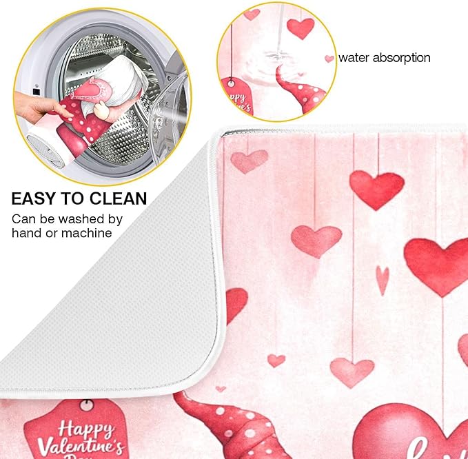 Valentine’s Day Gnomes Dish Drying Mat for Kitchen Countertop 18x24 Pink Love Heart Pink Large Drying Mat Reusable Quick Dry Dish Sink Mats Easy Clean Decorative Essentials