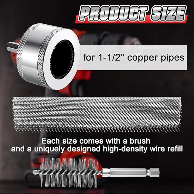 1-1/2" Copper Pipe Cleaner for Drill with 1/4" Hex Shank & Brush Blades & Metal Pipe Cleaning Brush, Tube Thread Cleaner, Plumbing Tools for Plumber Removing Rust, HVAC Stain Removal (1 Piece)