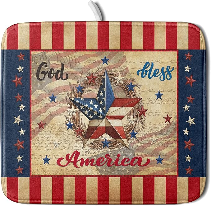 4th of July God Bless Dish Drying Mat for Kitchen Counter,American Flag Star Patriotic Independence Day Drying Mat 16 x 18 Inch with Absorbent Reversible Microfiber Drying Pad for Coffee Bar