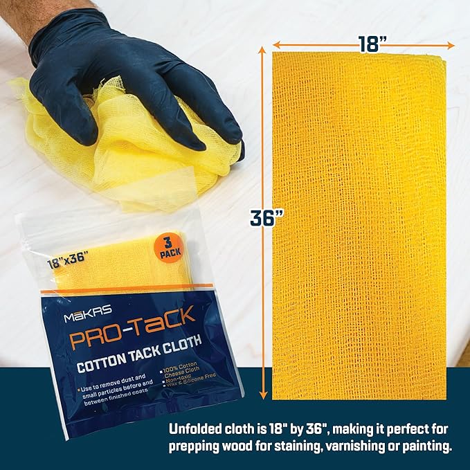 MāKRS 18" x 36" Pro-Tack Tack Cloth, 9-Pack Wood Prep Cloths, Remove and Trap Dust Particles, 100% Cotton, Staining, Varnishing, and Painting, Gentle on Surfaces
