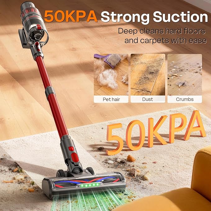 Cordless Vacuum Cleaner, 600W/50KPA, Up to 60 Minutes, Stick Vacuum with Rechargeable Design, Powerful Suction, Lightweight, Vacuum Cleaner for Home/Pet Hair/Carpet/Hard Floor, Red