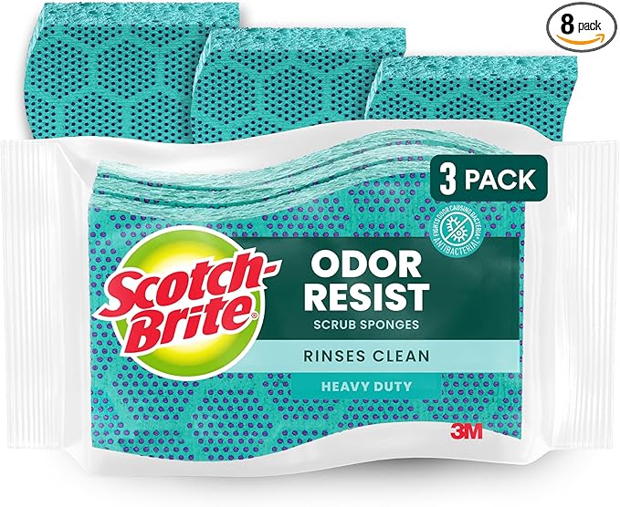 Scotch-Brite Odor Resist Heavy Duty Scrub Sponge, Dishwasher-Safe Kitchen sponges for Serious Scrubbing, Multipurpose Dish Sponge for Stuck-On Messes, 3 Scrubbing Sponges (Pack of 8)