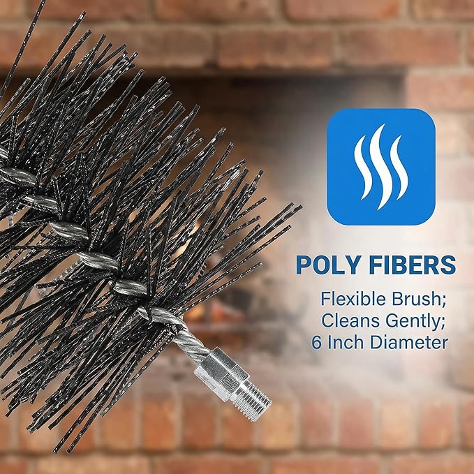 6" Round Poly Chimney Cleaning Brush,1/4 INCH NPSM Fitting,Masonry Flue Compatible 、Stainless Steel Insulated Chimneys, or Metal Stove Pipes